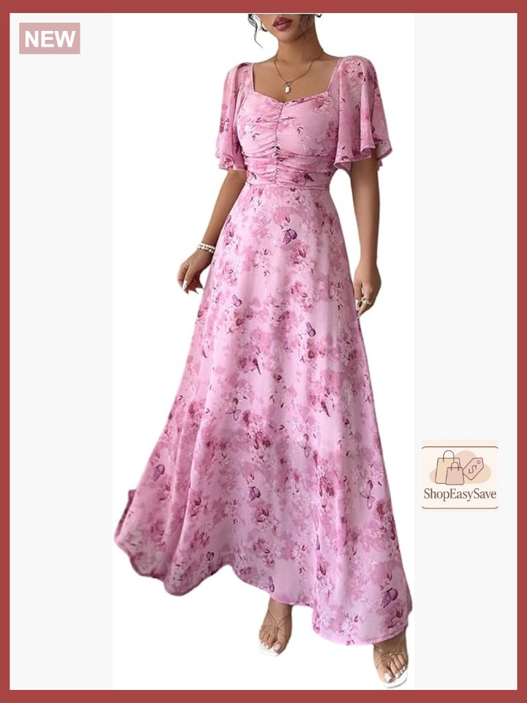 Butterfly Sleeve Boho Maxi Dress Sweetheart Neck A-Line Summer Vacation